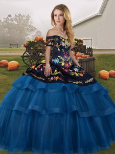 Fancy Brush Train Ball Gowns Quinceanera Gown Blue And Black Off The Shoulder Tulle Sleeveless Lace Up