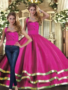 Floor Length Fuchsia 15 Quinceanera Dress Halter Top Sleeveless Lace Up