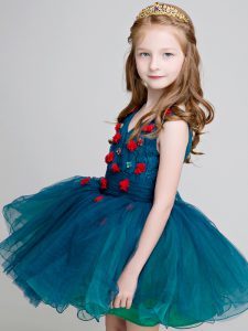 Traditional Teal Ball Gowns V-neck Sleeveless Organza Mini Length Zipper Lace and Appliques Flower Girl Dresses for Less