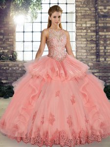 Watermelon Red Ball Gowns Scoop Sleeveless Tulle Floor Length Lace Up Lace and Embroidery and Ruffles Quinceanera Dress