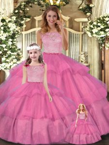 Unique Hot Pink Tulle Zipper Quinceanera Dress Sleeveless Floor Length Lace and Ruffled Layers