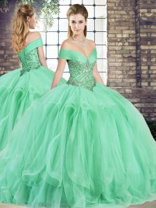 Apple Green Off The Shoulder Neckline Beading and Ruffles Sweet 16 Dresses Sleeveless Lace Up