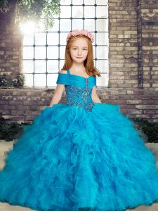 Eye-catching Ball Gowns Little Girl Pageant Gowns Baby Blue Straps Tulle Sleeveless Floor Length Lace Up