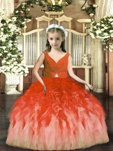 Beauteous Floor Length Backless Little Girl Pageant Dress Rust Red for Party and Sweet 16 and Wedding Party with Beading and Ruffles