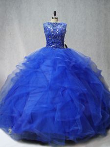 Brush Train Ball Gowns Quinceanera Dresses Royal Blue Scoop Tulle Sleeveless Lace Up
