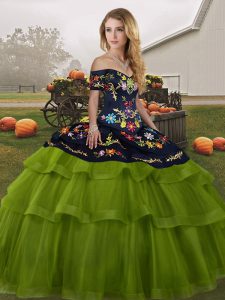Olive Green Ball Gowns Off The Shoulder Sleeveless Tulle Brush Train Lace Up Embroidery and Ruffled Layers 15th Birthday Dress