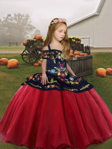 Hot Selling Floor Length Lace Up Little Girl Pageant Dress Coral Red for Party and Wedding Party with Embroidery