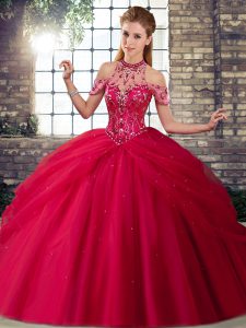Suitable Coral Red Ball Gowns Tulle Halter Top Sleeveless Beading and Pick Ups Lace Up Sweet 16 Dress Brush Train
