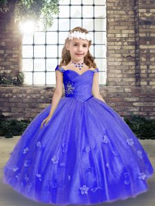 Cute Blue Ball Gowns Tulle Straps Sleeveless Beading and Hand Made Flower Floor Length Lace Up Little Girl Pageant Dress