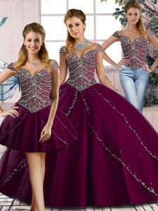 Affordable Purple Three Pieces Sweetheart Cap Sleeves Tulle Brush Train Lace Up Beading Quinceanera Gown