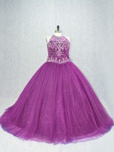 Top Selling Purple Tulle Lace Up Scoop Sleeveless 15th Birthday Dress Beading