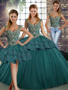 Customized Sleeveless Tulle Floor Length Lace Up Custom Made in Green with Beading and Appliques