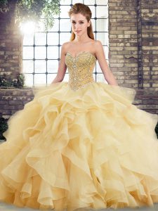 Free and Easy Sweetheart Sleeveless Tulle 15th Birthday Dress Beading and Ruffles Brush Train Lace Up