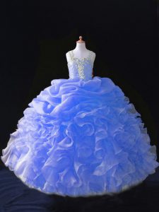 Blue Ball Gowns Beading and Ruffles and Pick Ups Little Girls Pageant Dress Zipper Organza Sleeveless Floor Length