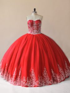 Extravagant Red Lace Up Sweetheart Embroidery Quinceanera Gown Tulle Sleeveless