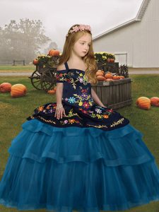 Discount Teal Ball Gowns Straps Sleeveless Tulle Floor Length Lace Up Embroidery and Ruffled Layers Little Girl Pageant Gowns