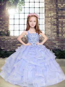 Straps Sleeveless Lace Up Little Girls Pageant Gowns Lavender Tulle