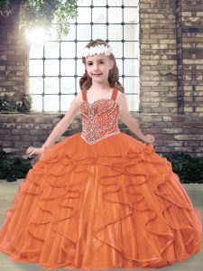 Orange Red Ball Gowns Tulle Straps Sleeveless Beading and Ruffles Floor Length Lace Up Pageant Dress for Teens