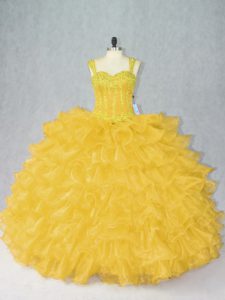 Admirable Gold Ball Gowns Straps Sleeveless Organza Floor Length Lace Up Beading and Ruffles Sweet 16 Quinceanera Dress