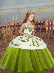Straps Sleeveless Pageant Gowns For Girls Floor Length Embroidery Olive Green Organza