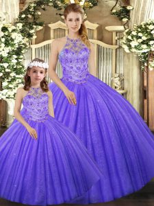 Inexpensive Lavender Sleeveless Floor Length Beading Lace Up Ball Gown Prom Dress
