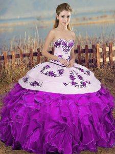Adorable White And Purple Ball Gowns Embroidery and Ruffles and Bowknot Vestidos de Quinceanera Lace Up Organza Sleeveless Floor Length