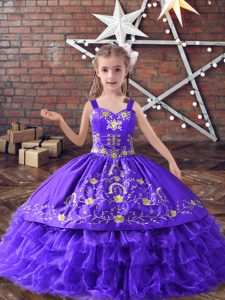 Wonderful Embroidery and Ruffled Layers Little Girl Pageant Dress Lavender Lace Up Sleeveless Floor Length