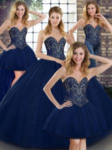 Sexy Navy Blue Ball Gowns Sweetheart Sleeveless Tulle Floor Length Lace Up Beading Vestidos de Quinceanera