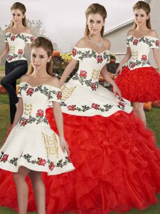 Ball Gowns Quinceanera Gown White And Red Off The Shoulder Organza Sleeveless Floor Length Lace Up