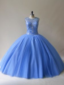 Excellent Sleeveless Floor Length Beading Lace Up Sweet 16 Dress with Baby Blue