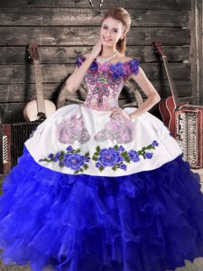 Royal Blue Ball Gowns Off The Shoulder Sleeveless Organza Floor Length Lace Up Embroidery and Ruffles 15 Quinceanera Dress