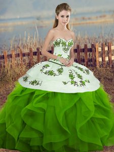 Superior Floor Length Green Ball Gown Prom Dress Tulle Sleeveless Embroidery and Ruffles and Bowknot