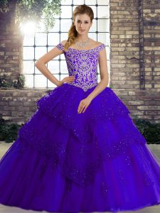 Flare Purple Sleeveless Beading and Lace Lace Up Ball Gown Prom Dress