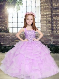 Lavender Ball Gowns Beading and Ruffles Kids Pageant Dress Lace Up Tulle Sleeveless Floor Length