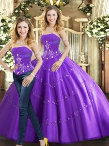 Adorable Sleeveless Tulle Floor Length Lace Up Vestidos de Quinceanera in Purple with Beading