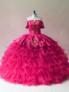 Designer Floor Length Fuchsia Sweet 16 Quinceanera Dress Off The Shoulder Sleeveless Lace Up