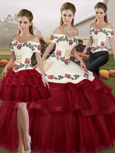 Decent Off The Shoulder Sleeveless Brush Train Lace Up Quinceanera Gowns Wine Red Tulle