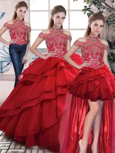 Amazing Red Three Pieces Beading and Ruffles 15th Birthday Dress Lace Up Organza Sleeveless