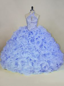 Affordable Lavender Quinceanera Gowns Fabric With Rolling Flowers Brush Train Sleeveless Beading