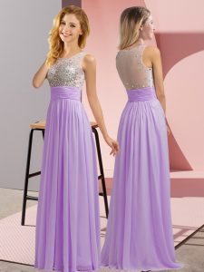 Excellent Lavender Damas Dress Wedding Party with Beading Scoop Sleeveless Side Zipper
