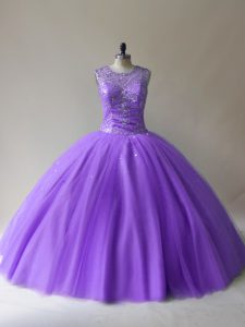 Comfortable Lavender Quince Ball Gowns Sweet 16 and Quinceanera with Beading Scoop Sleeveless Lace Up
