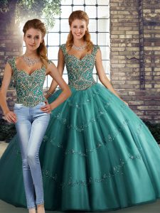Sweet Teal Straps Lace Up Beading and Appliques 15th Birthday Dress Sleeveless