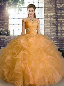 Beautiful Organza Off The Shoulder Sleeveless Lace Up Beading and Ruffles 15th Birthday Dress in Orange