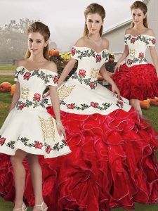 Embroidery and Ruffles Quinceanera Dress White And Red Lace Up Sleeveless Floor Length