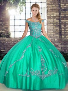 Turquoise Tulle Lace Up Off The Shoulder Sleeveless Floor Length 15th Birthday Dress Beading and Embroidery