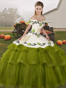 Artistic Olive Green Ball Gowns Embroidery and Ruffled Layers Quinceanera Gown Lace Up Tulle Sleeveless