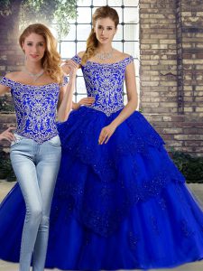 Luxurious Lace Up Sweet 16 Dress Royal Blue for Military Ball and Sweet 16 and Quinceanera with Beading and Lace Brush Train