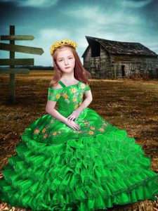 Green Short Sleeves Floor Length Embroidery and Ruffled Layers Lace Up Child Pageant Dress