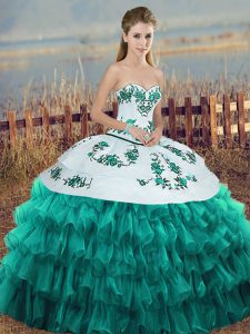 Fantastic Turquoise Lace Up Sweetheart Embroidery and Ruffled Layers and Bowknot Quinceanera Dresses Organza Sleeveless