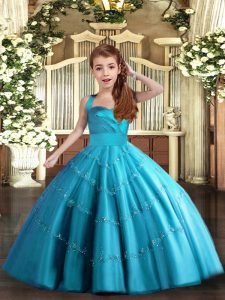 Affordable Sleeveless Tulle Floor Length Lace Up Glitz Pageant Dress in Baby Blue with Beading